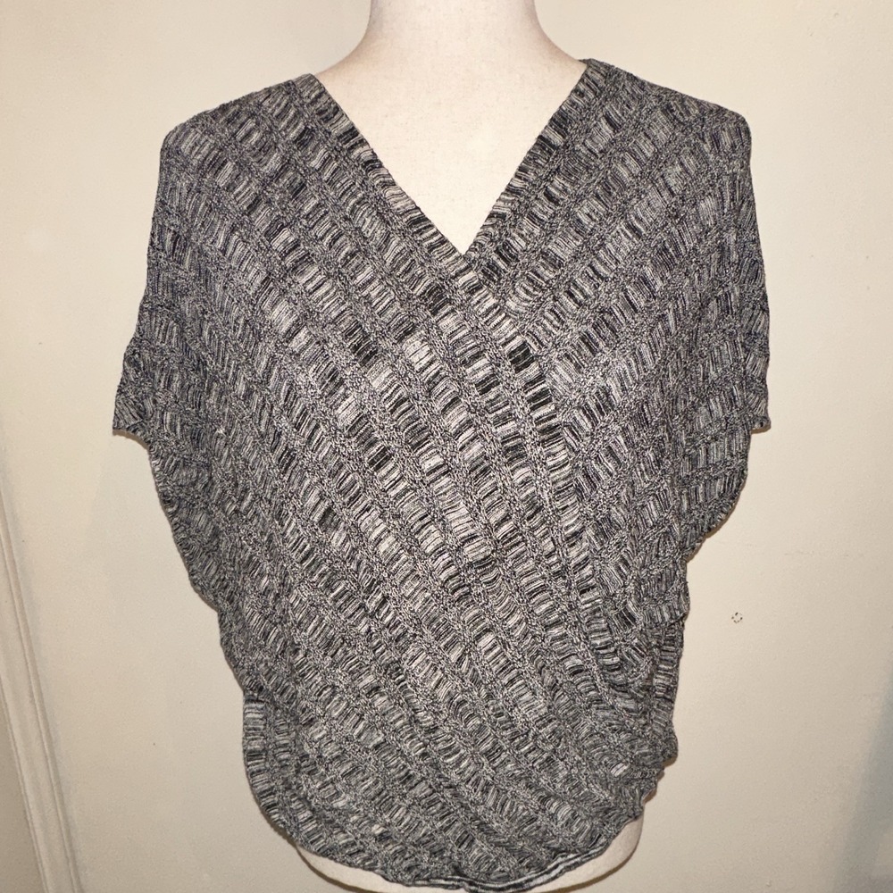 Eileen Fisher Sweater Women L Black Gray Silk Organic Linen Blend Faux Wrap